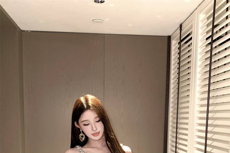 Spaghetti Strap V-Neck Plain Rhinestone Mini Party Dress