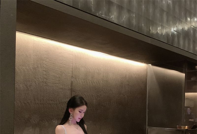 Spaghetti Strap Sweetheart Neck Lace Panel Evening Gown