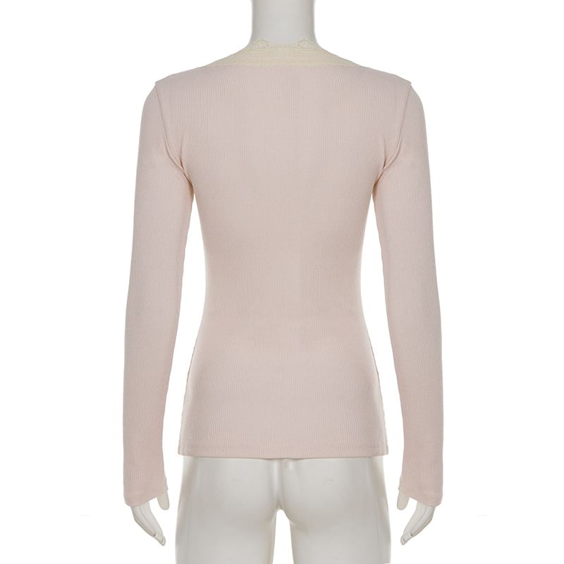 Lace-Trim V-Neck Long-Sleeve Top