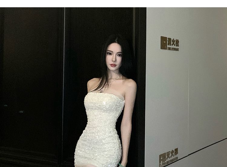 Strapless Glitter High Low Evening Dress