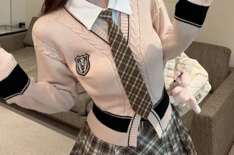 Set: Mock Two-Piece Collared Cardigan + Plaid Tie
