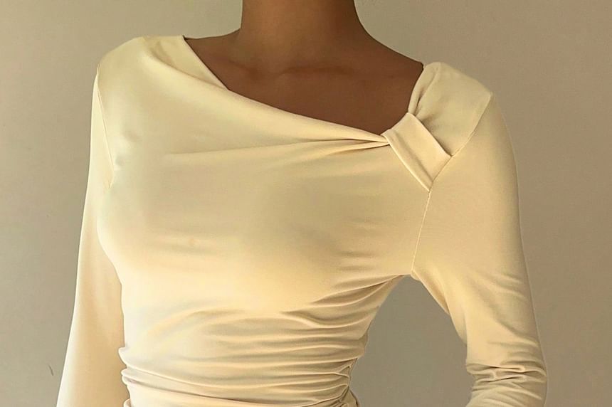 Ruched Asymmetric-Neck Long-Sleeve Tee