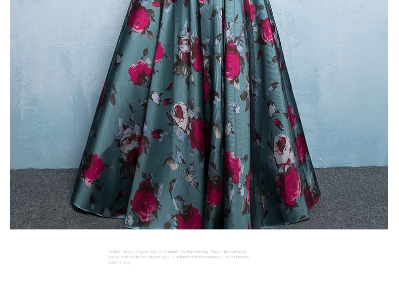 Short-Sleeve Floral Print A-Line Evening Gown