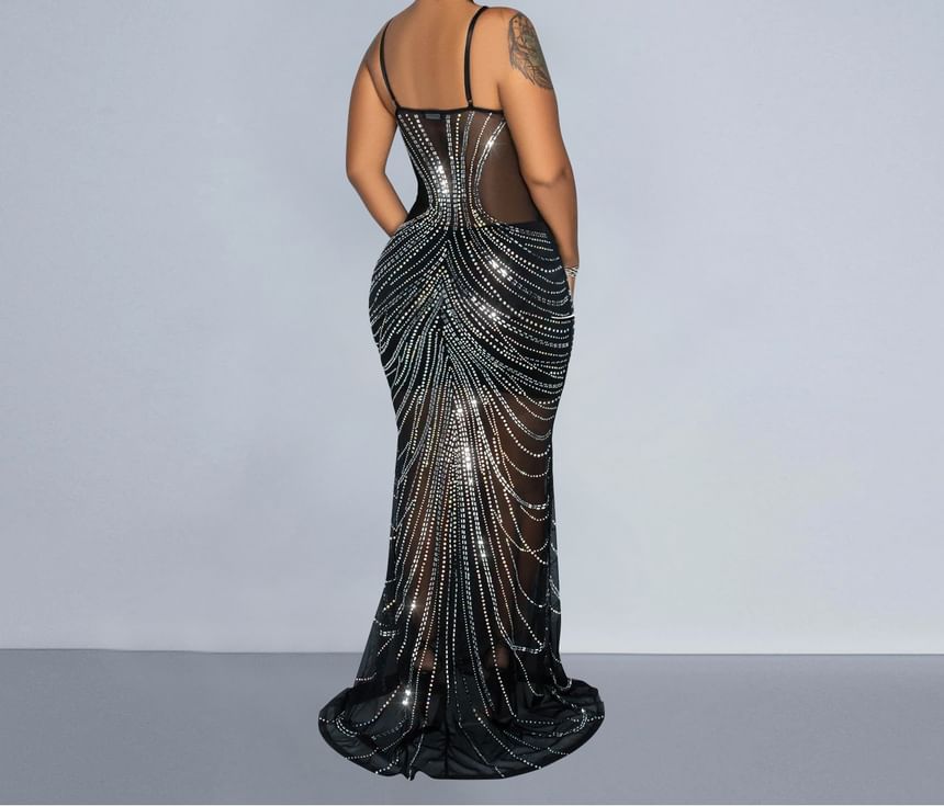 Plus Size Spaghetti Strap Rhinestone Mermaid Evening Gown