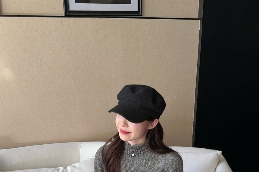 Buttoned Wide-Sleeve Mock Neck Sweater