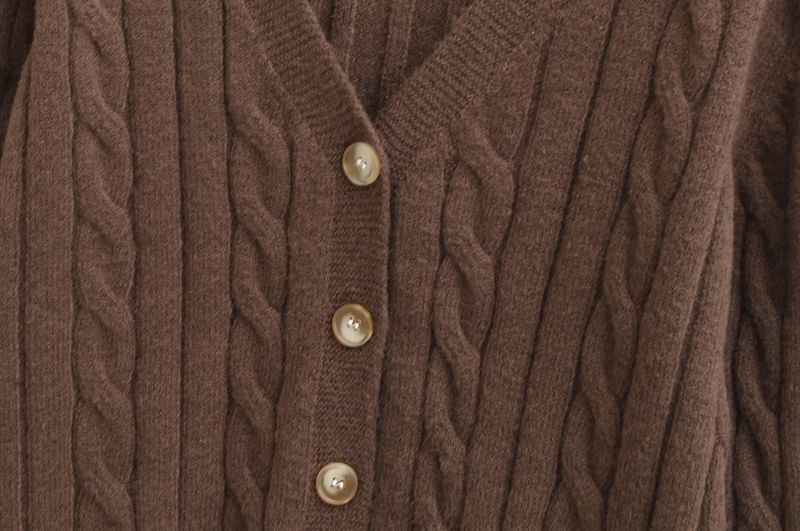 V-Neck Plain Cable Knit Crop Cardigan