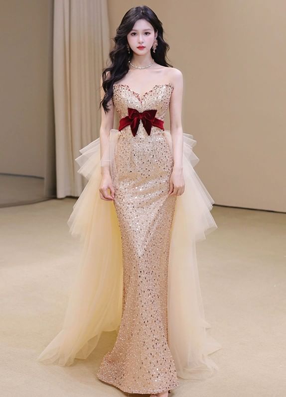 Strapless Sequined Velvet Bow Mesh Bow Back Bodycon Evening Gown
