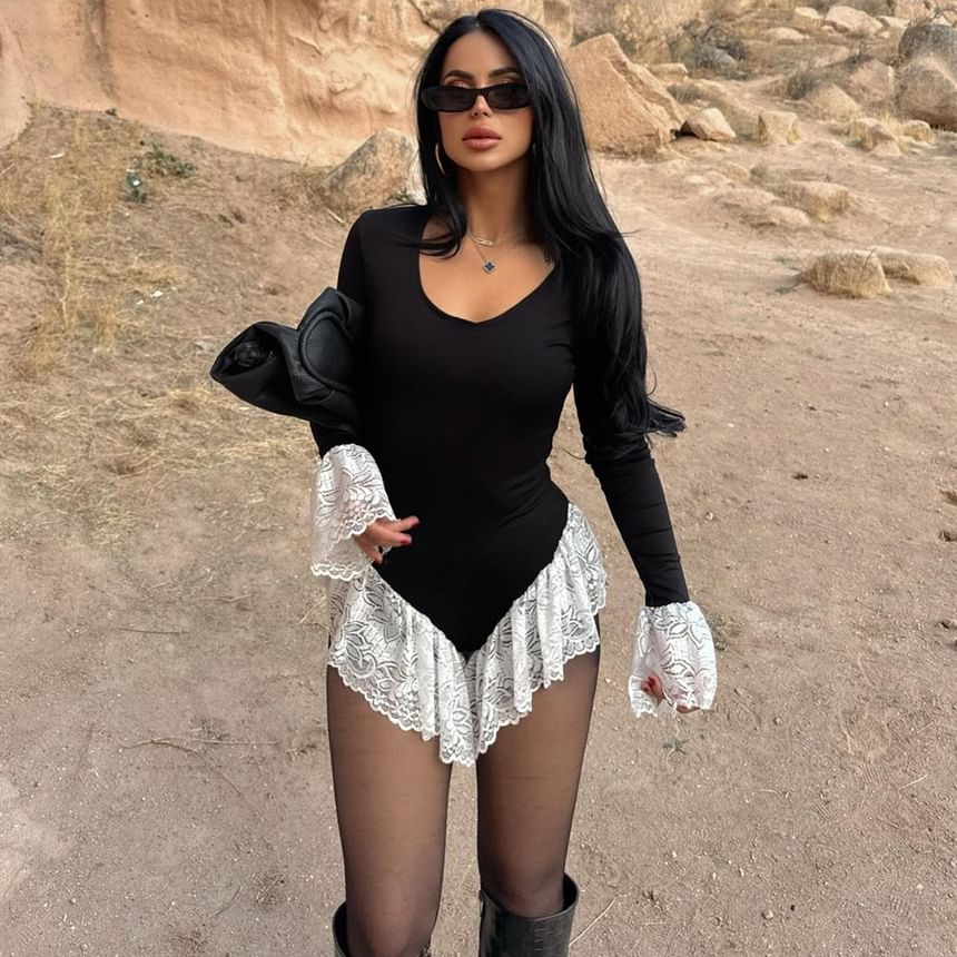 Bell Sleeve Ruffle Lace Bodysuit Top