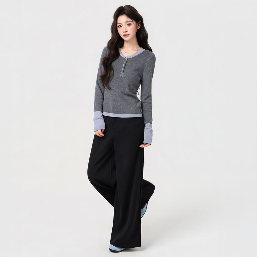 Two-Tone Henley Long-Sleeve Top