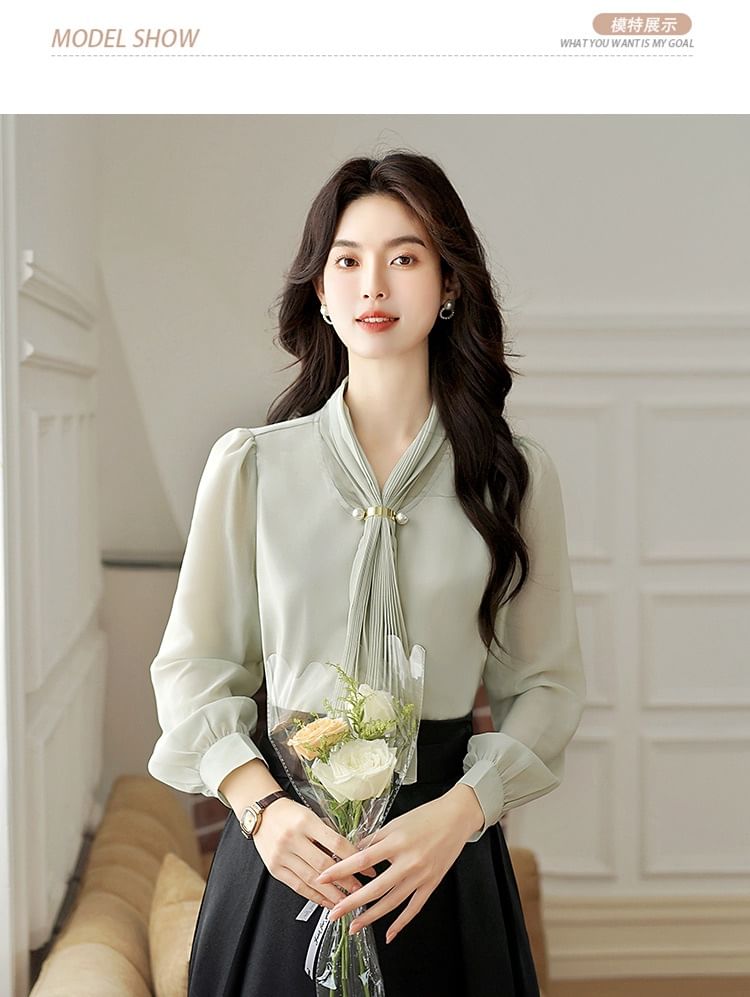 Scarfed Long-Sleeve Blouse
