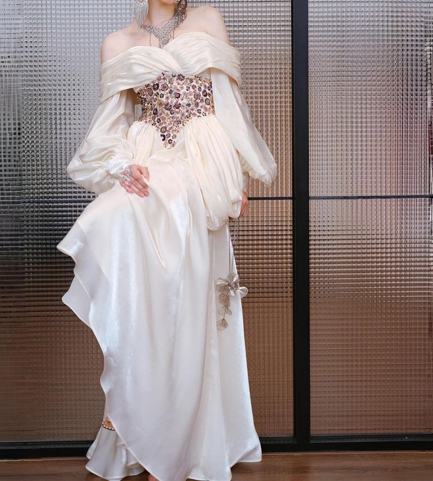 Long-Sleeve Off Shoulder Rhinestone Floral Evening Gown