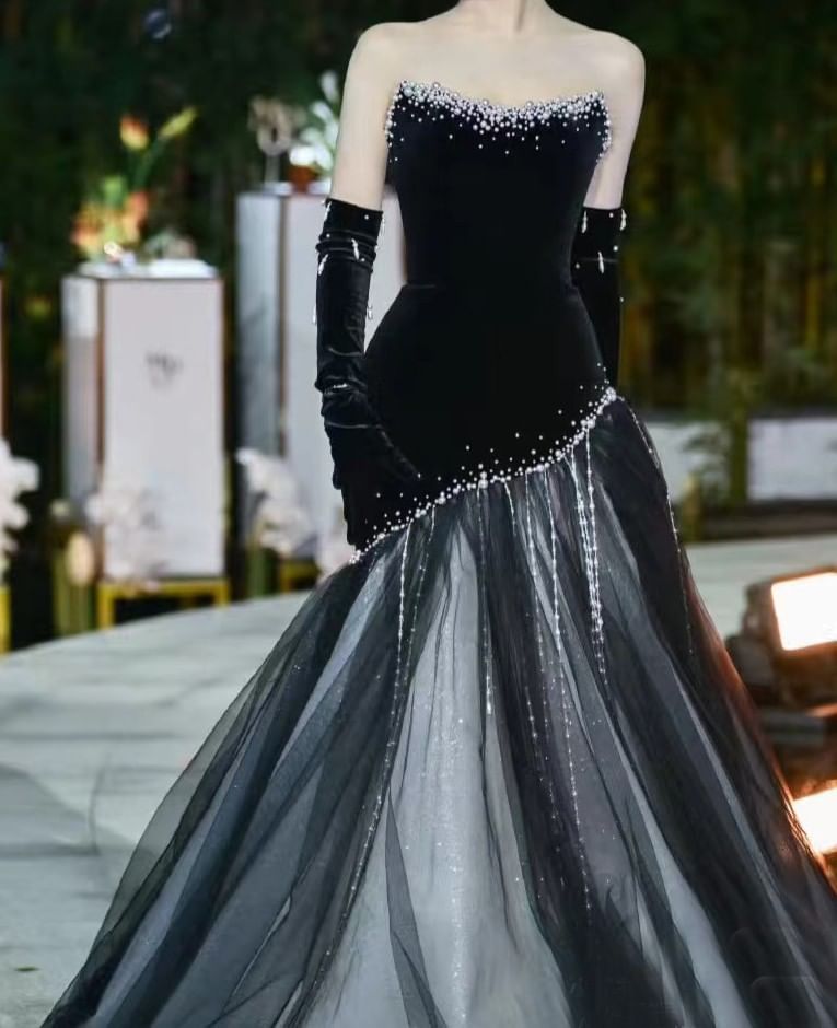 Strapless Rhinestone Glitter Sheer A-Line Evening Gown