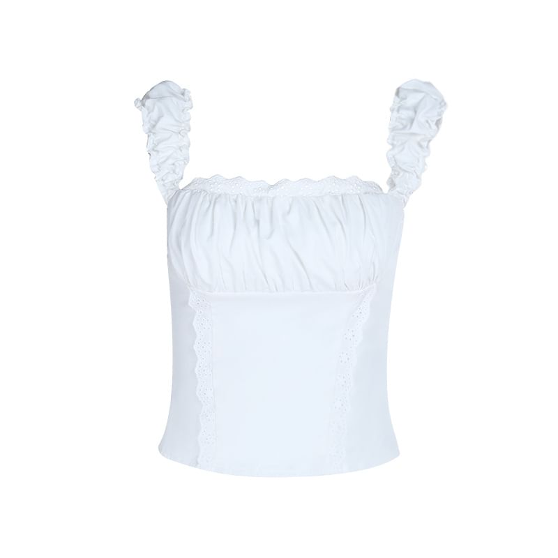 Square Neck Lace Trim Plain Ruched Slim Tank Top