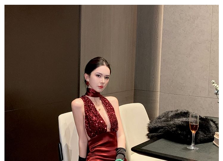 Halter Neck Deep Plunge Sequin Panel Open Back Mermaid Evening Gown