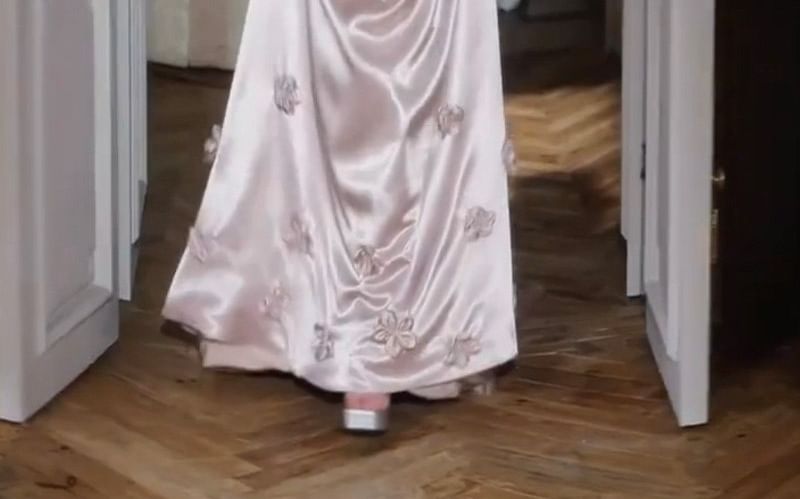 Wide Strap Floral Fishbone Floral Satin A-Line Evening Gown