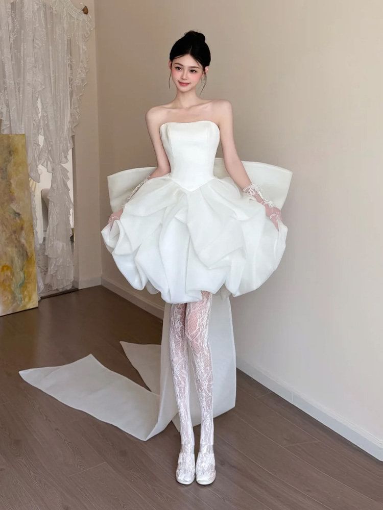 Strapless Bow Back Balloon Short Wedding Gown