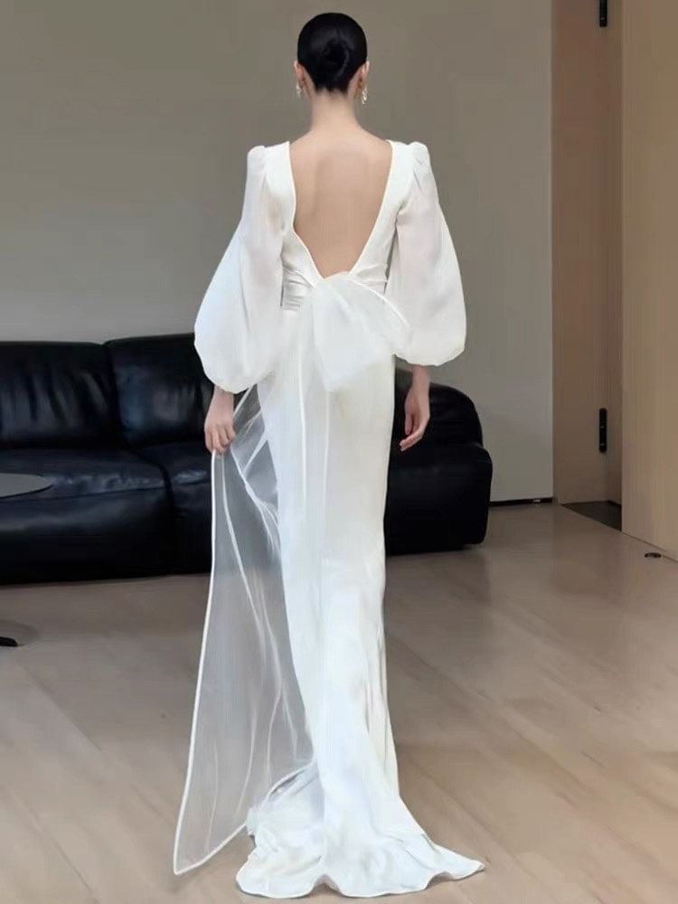 Puff-Sleeve V-Neck Mermaid Evening Gown