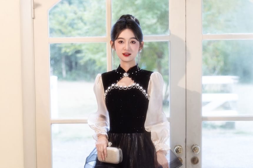 Puff-Sleeve Two-Tone Stand Collar A-Line Mesh Overlay Evening Gown