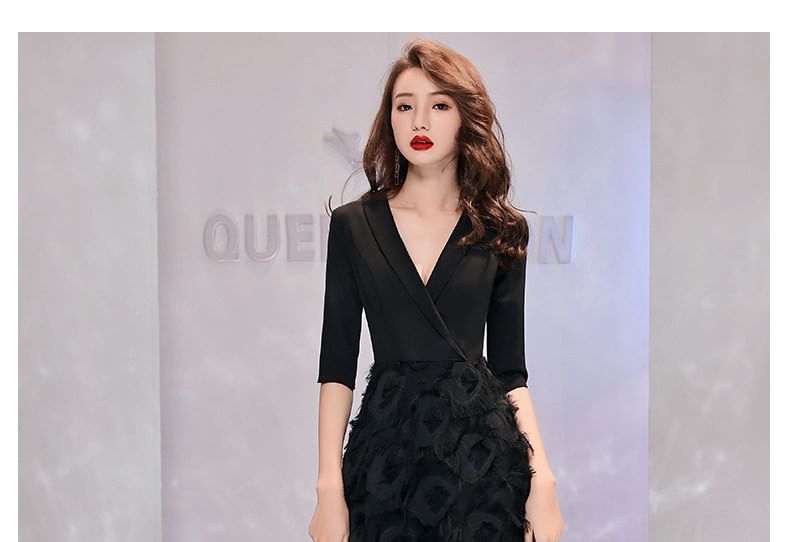 Elbow-Sleeve V-Neck Plain Wrap Floral A-Line Evening Gown