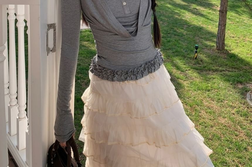 Round Neck Ruffle Button Two Piece Long Sleeve Top