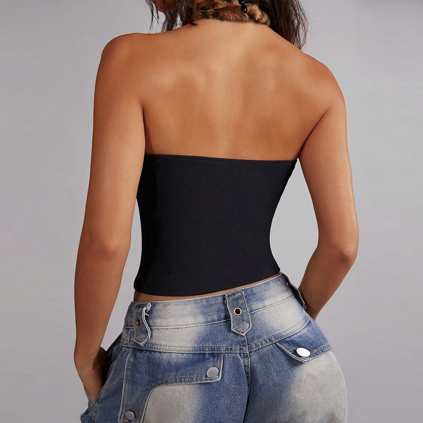 Leopard Faux Fur Panel Halter Slim Tank Top