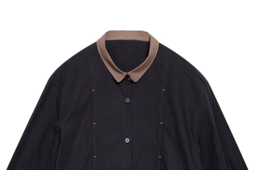 Contrast Trim Long-Sleeve Plain Shirt