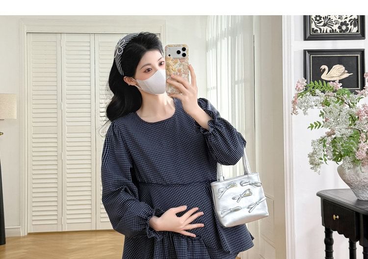 Maternity Plaid-Panel Asymmetrical Long-Sleeve Top