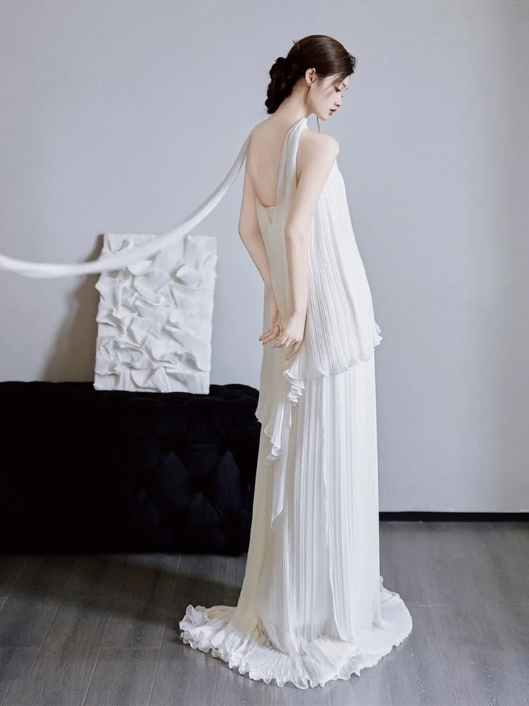 Strapless Ruffle Hem Accordion Pleat A-Line Wedding Gown