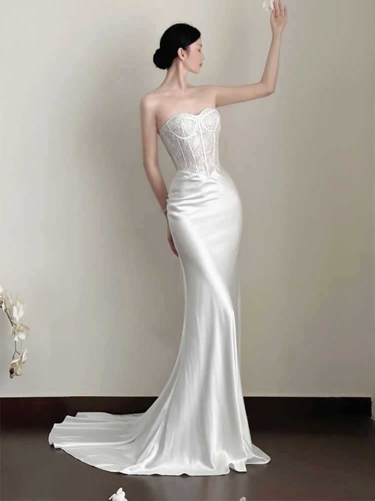 Strapless Lace Panel Fishbone Mermaid Wedding Gown
