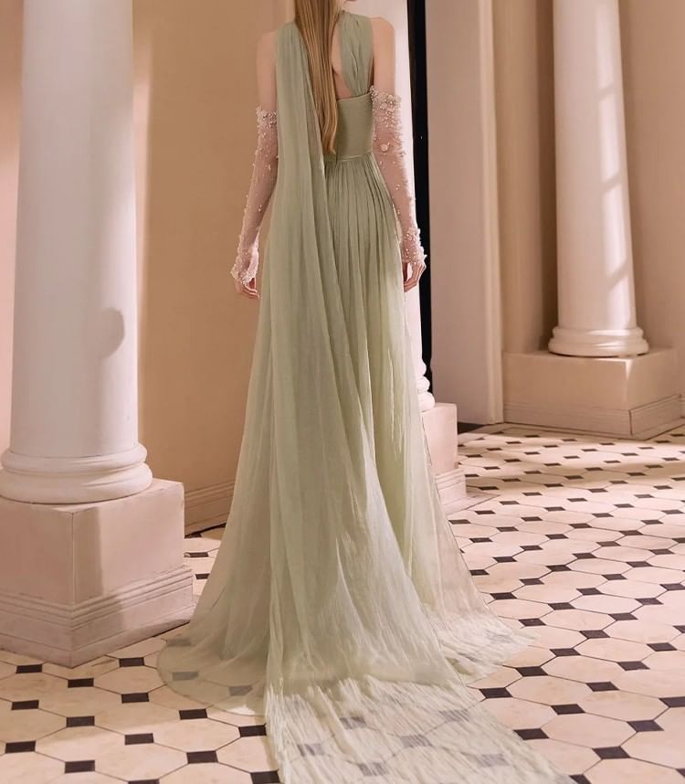 Off-Shoulder Plain Floral Shirred A-Line Evening Gown
