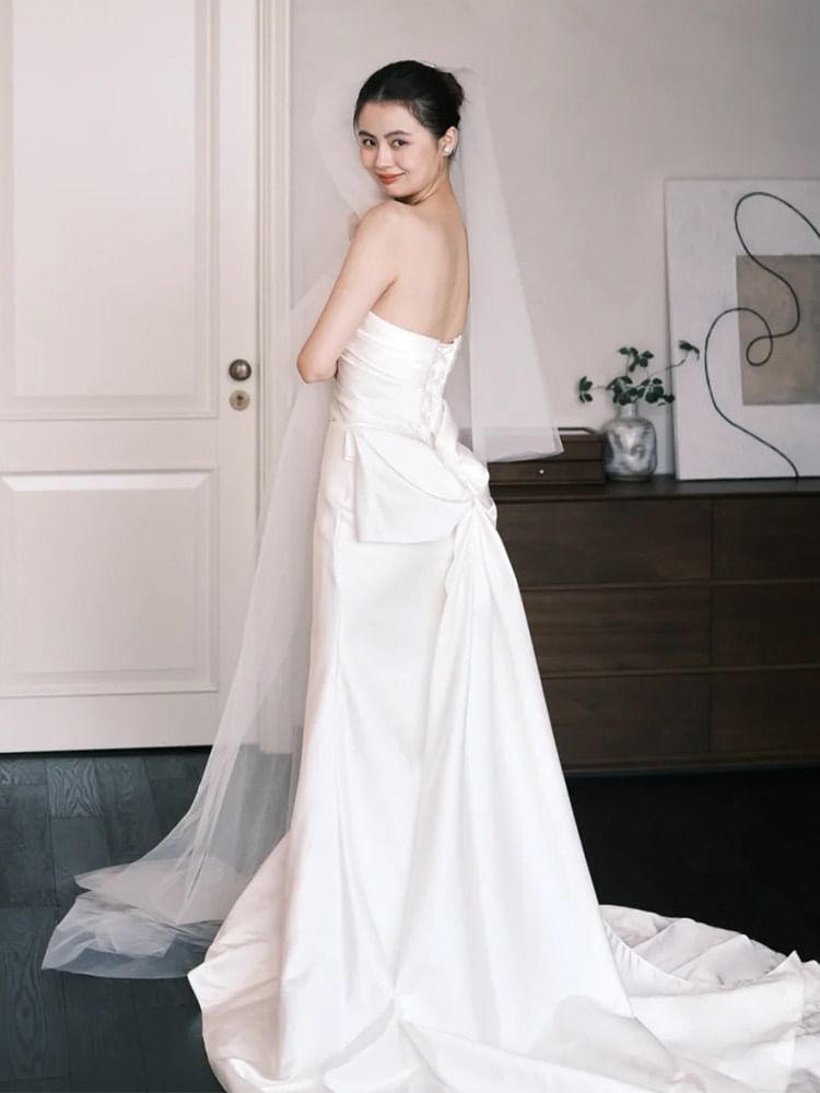 Strapless Shirred Mermaid Satin Wedding Gown