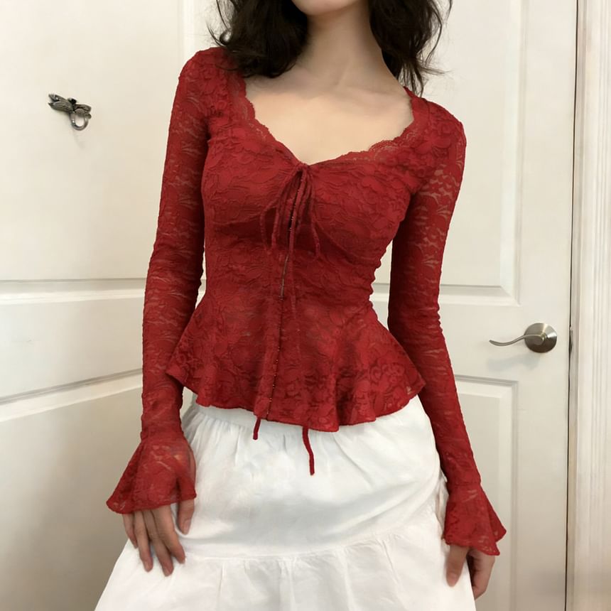 Peplum Lace Crop Top with Long Sleeves and V-Neck