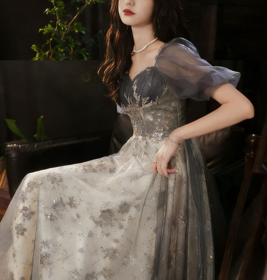 Short Sleeve Sweetheart Neck Sequin Floral Embroidered Mesh A-Line Evening Gown