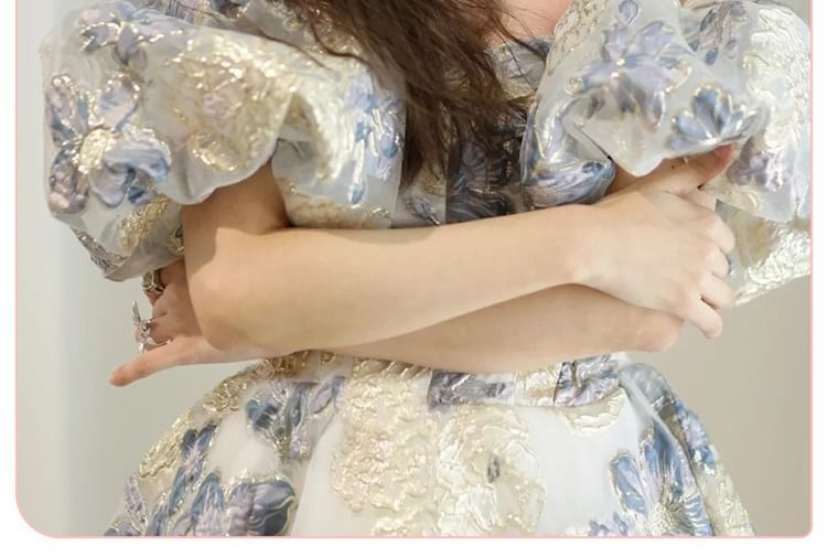 Set: Floral Jacquard A-Line Tube Evening Gown + Detachable Sleeve