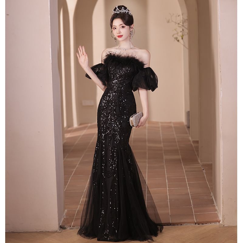 Set: Plain Sequin Fluffy Trim Panel Mesh Trumpet Tube Evening Gown + Detachable Sleeve