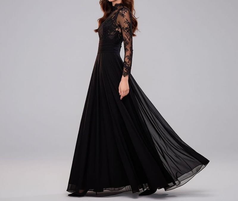 Long Sleeve Mock Neck Plain Panel Lace A-Line Evening Gown
