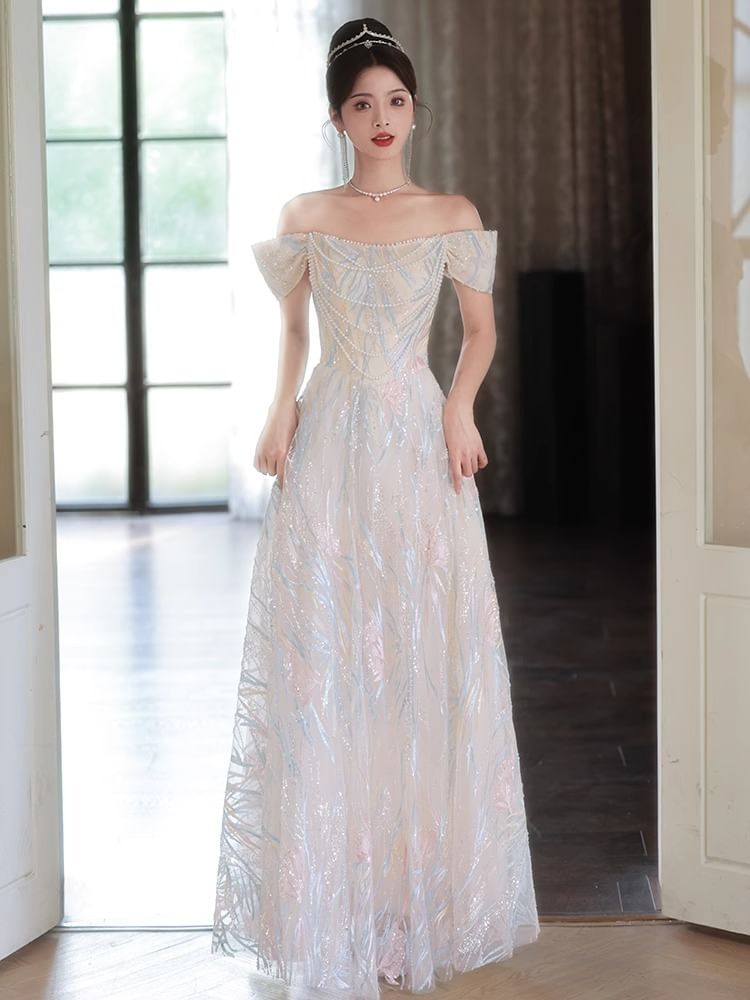 Sleeveless Off Shoulder Patterned Faux Pearl Strand Mesh A-Line Evening Gown