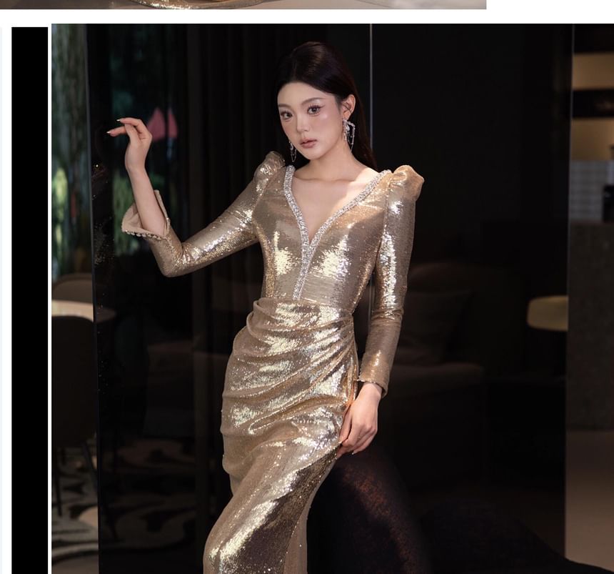 Long Sleeve V-Neck Sequin Ruched Trumpet Evening Gown
