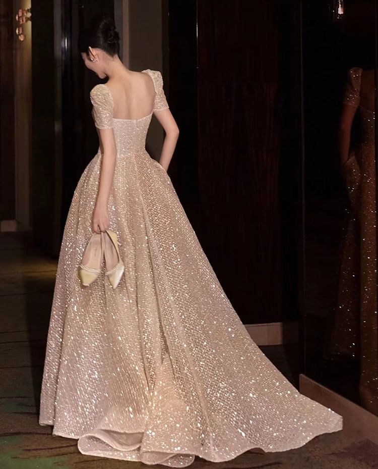 Short-Sleeve Square Neck Glitter Trained A-Line Evening Gown