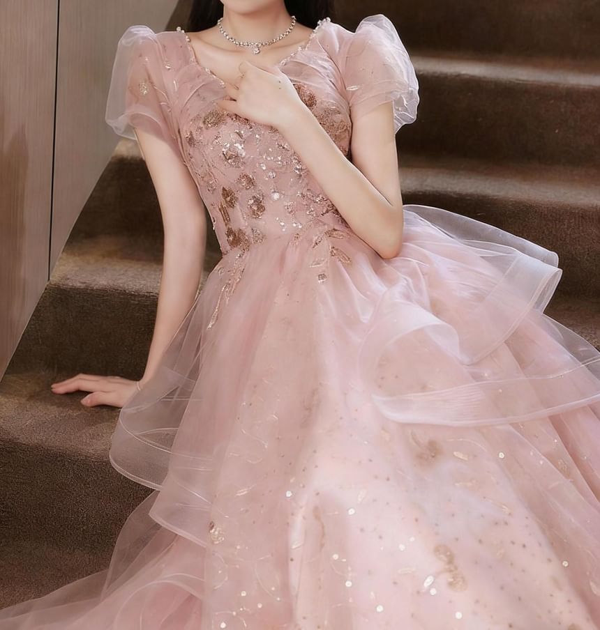 Puff-Sleeve V-Neck Sequin A-Line Evening Gown