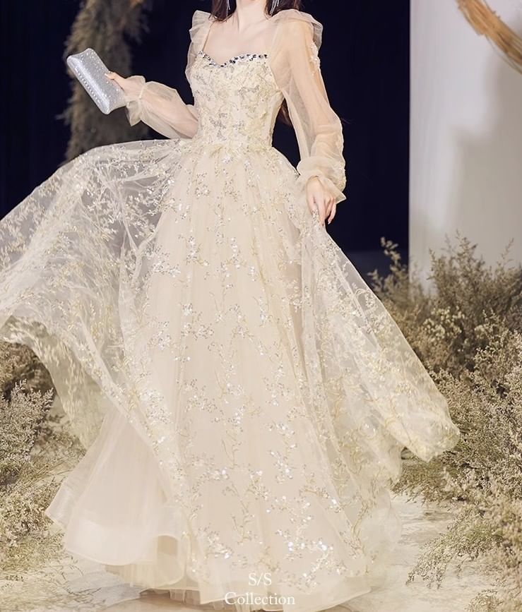 Long-Sleeve V-Neck Sequin A-Line Evening Gown