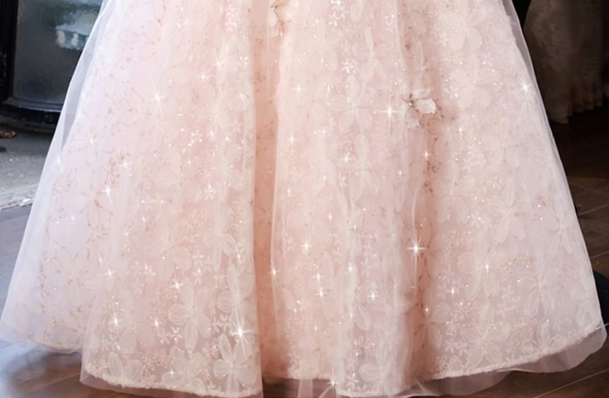 Sleeveless Square Neck Flower Accent A-Line Evening Gown