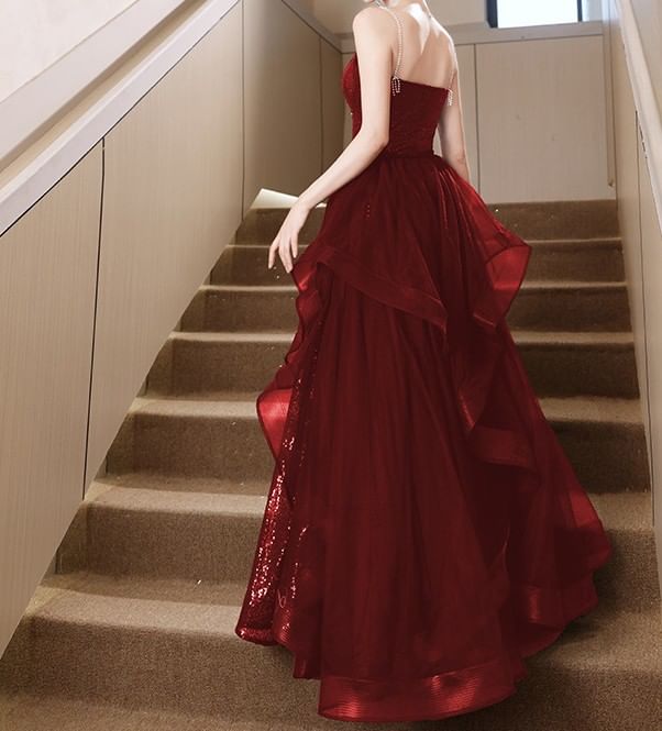 Chain Strap V-Neck Sequin Slit A-Line Evening Gown