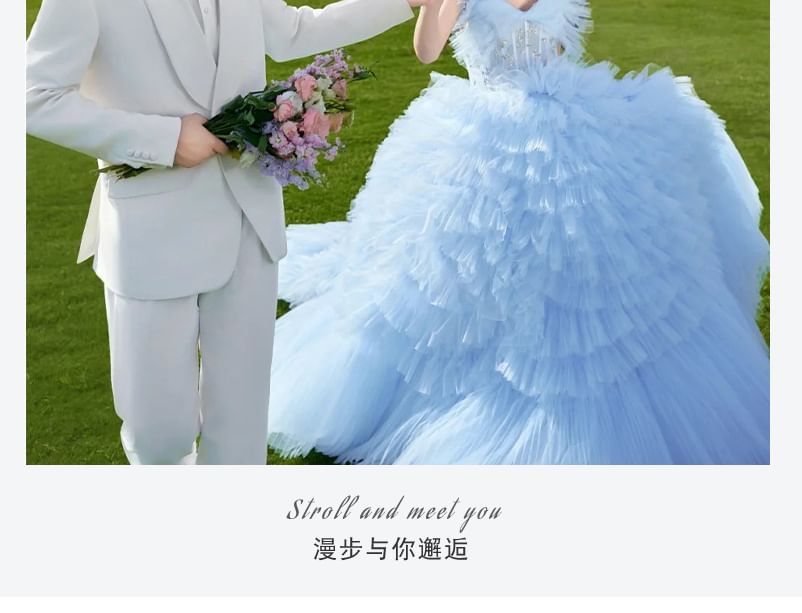 Strapless Ruffle Tiered Trained Ball Gown