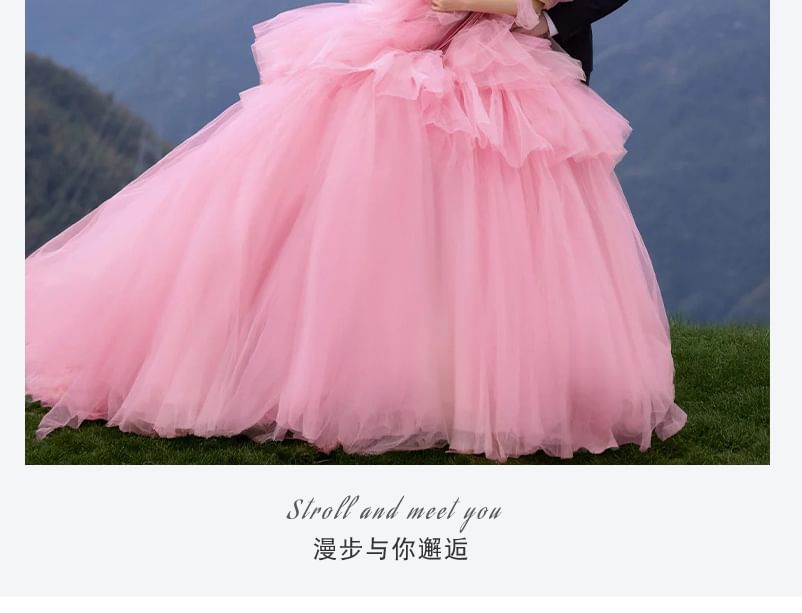 Off-Shoulder Plain Ruffle Trained Ball Gown