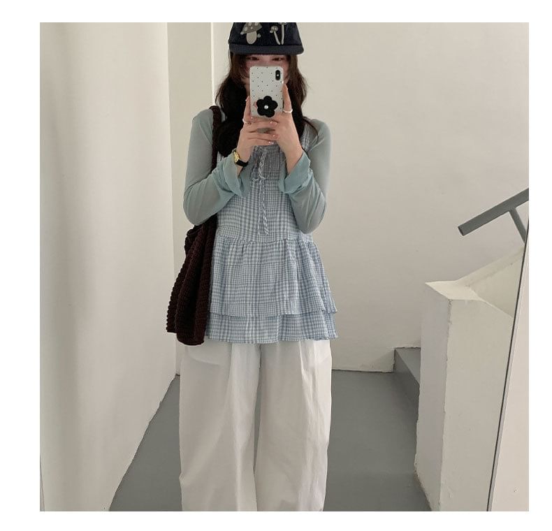 Tie Front Layered Plaid Tunic
