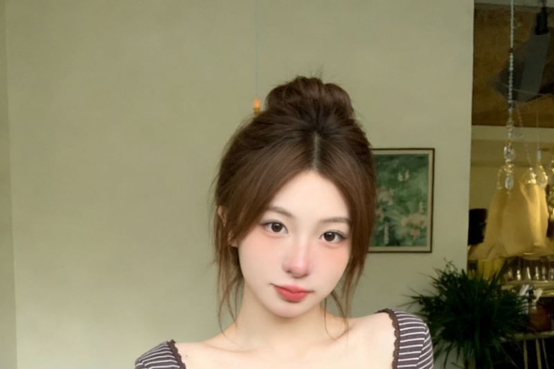 Square Neck Striped Lace-Trim Button Blouse