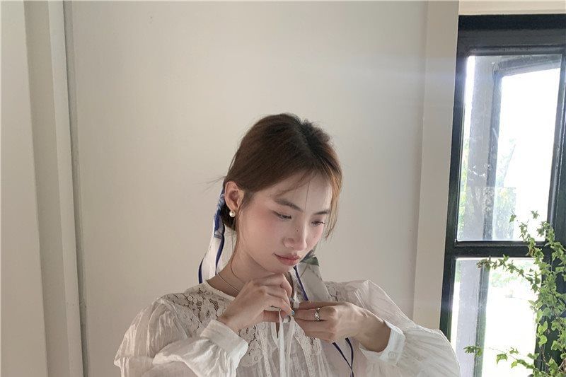 Long Sleeve Tie Neck Plain Panel Lace Blouse