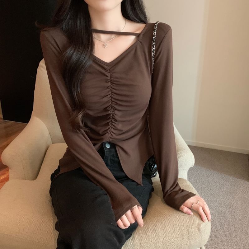 V-Neck Ruched Slit Long-Sleeve Tee