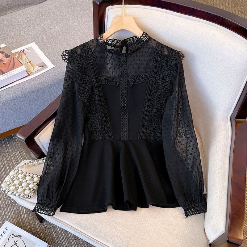 Long-Sleeve Mock Neck Plain Polka Dot Panel Lace Trim Tunic Blouse